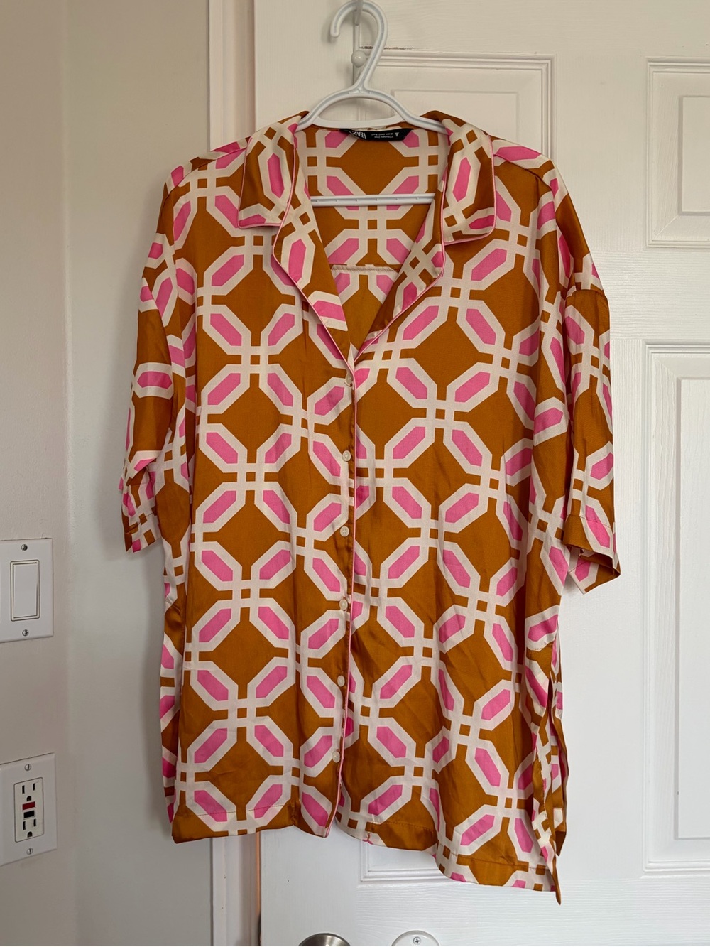 Zara Satin Oversized Printed Button Down Blouse